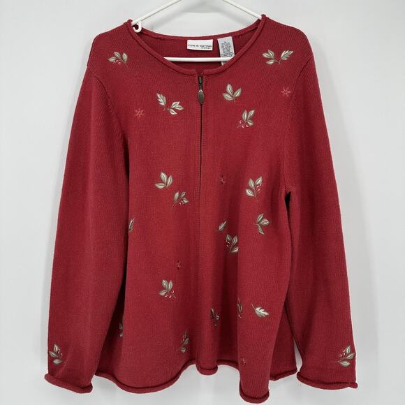 croft & barrow Sweaters - Croft & Barrow Cardigan Sweater Womens 1X Red Floral Embroidered Zip Knit Top